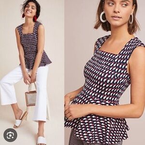 Anthropologie Eri + Ali Red White Navy Squareneck Sleeveless Peplum Top